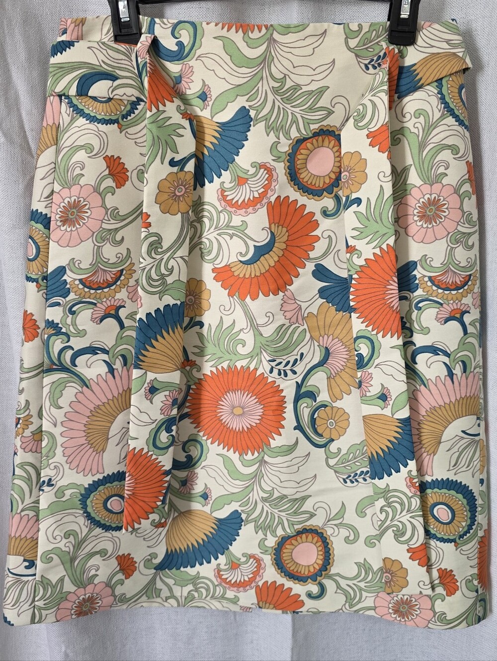 J. Crew Ornate Retro Floral Tie Waist Pencil Skirt Orange Teal Cream